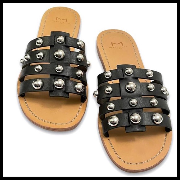 BLACK LEATHER SANDALS SLIDES MARC FISHER SLIP ONS STUDD CAGED FLATS A2C - Picture 5 of 16